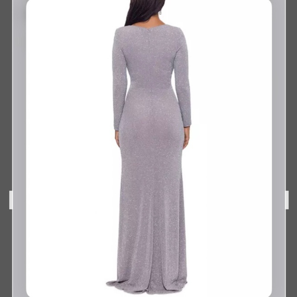 BETSY & ADAM V-neck Long Sleeve Metallic Ruffled Slit-Hem Gown in Granite - Picture 3 of 4